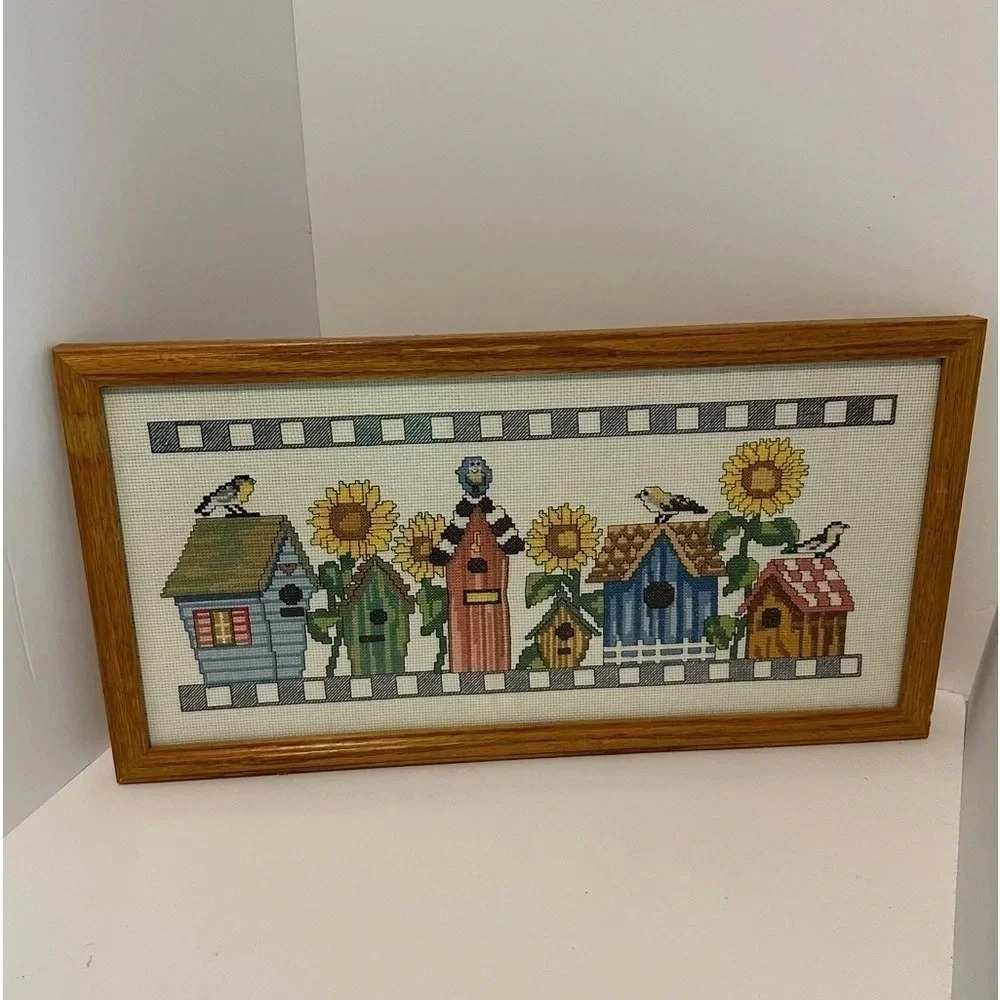 Framed counted, cross, stitch, handmade birdhouse with birds and sunflowers‎